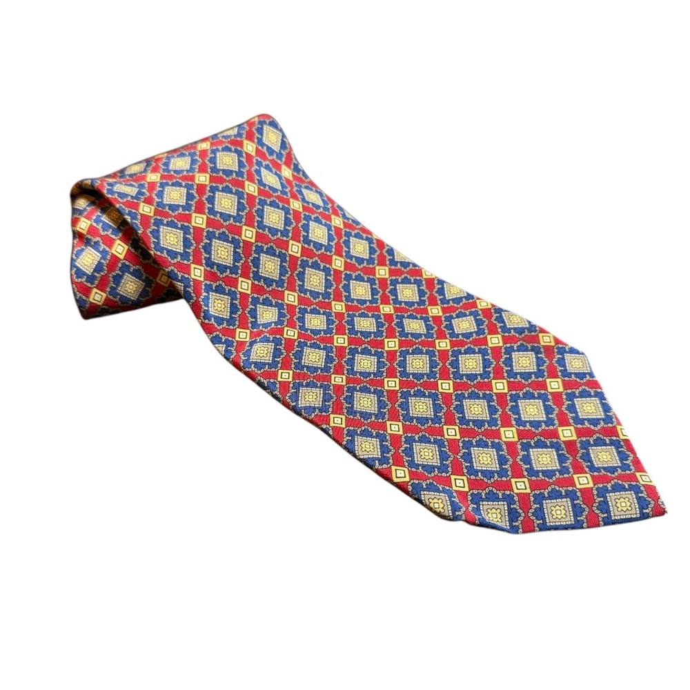 Hugo Boss Silk Necktie Mens OS Red Blue Geometric Medallion Italy Professional